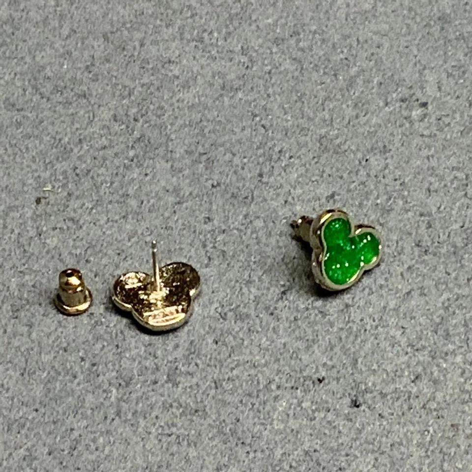 Disney Pierced Stud Earrings 0.5 In Mickey Mouse Ears Silver Green Sparkly Glam - Image 4 of 4