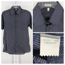 Vintage 70s Italian Mod Navy Poplin Cotton Art Geometric SS Shirt Baron's 15-38