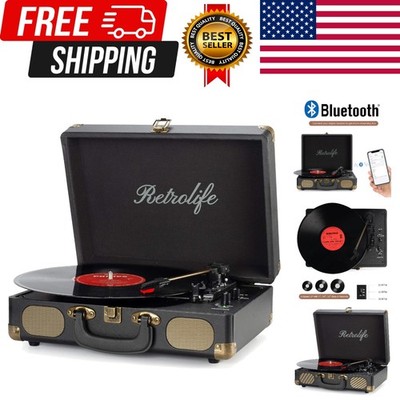 Vinyl Record Player 3-Speed Bluetooth Suitcase Portable Belt-Driven Record Pl...