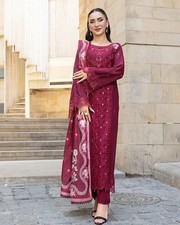 Pakistani Womens Linen 3pc Embroidered Shalwar Kameez Suit Stitched Eid Party