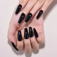 Halloween Black Glossy Coffin Press on Nails Medium Square, Glossy Black Fake...