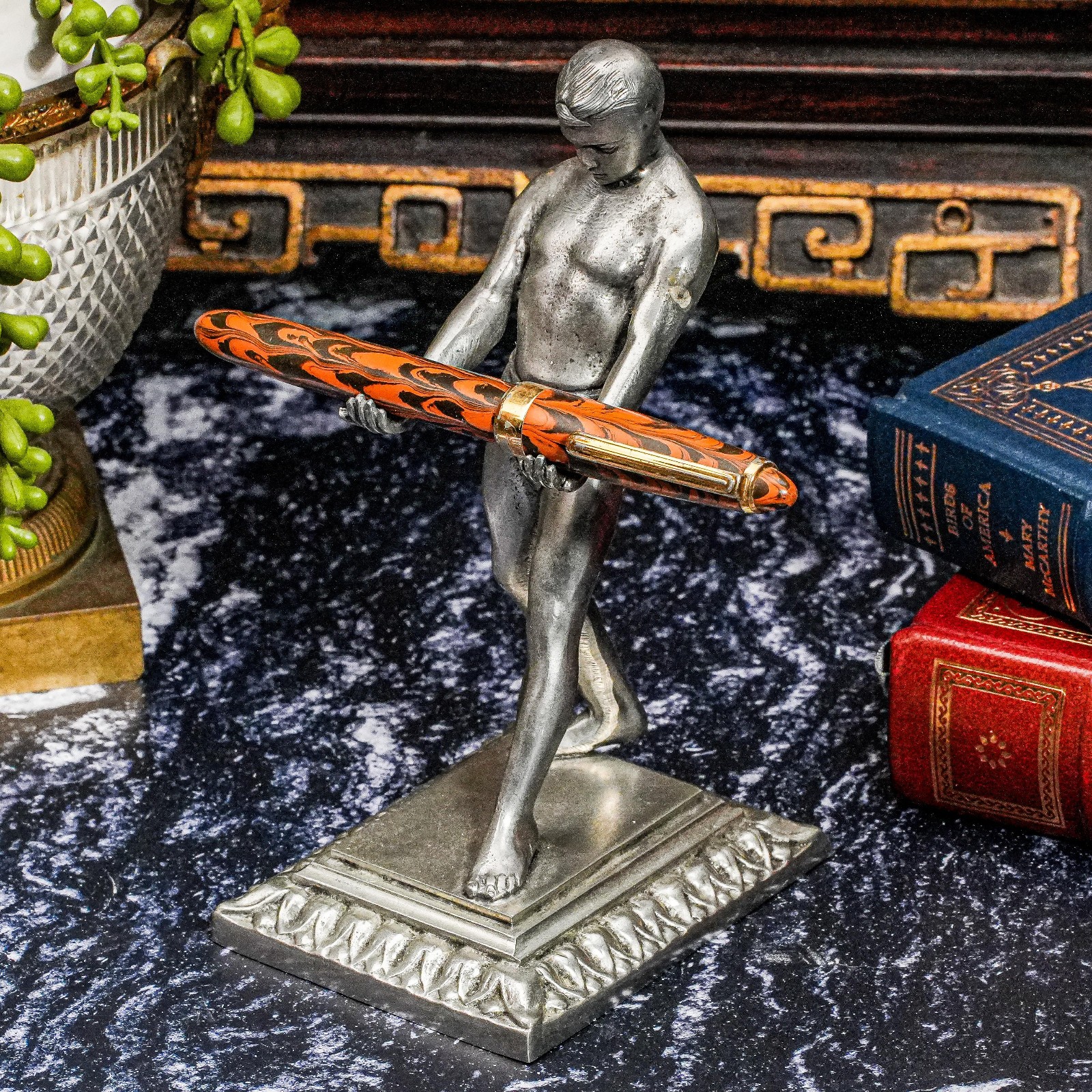 Vintage Pewter Metal Strong Man Male Figure Desk Fountain Pen Holder Stand