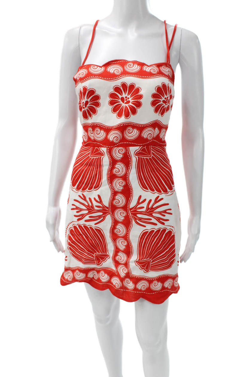 Farm Rio Womens Red Floral Linen Sweetheart Lace Up Mini Dress Size XSFree Shipping in US $100+ Orders | $6.95 Orders Below