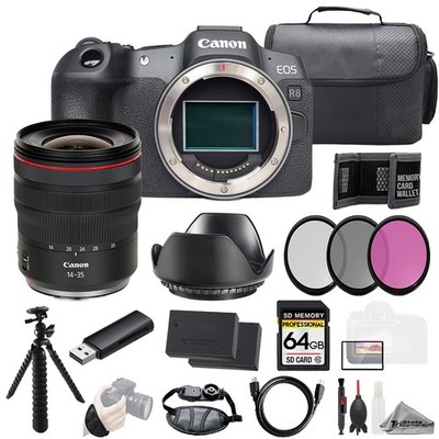 Canon EOS R8 + RF 14-35mm f/4 L IS USM Lens+64GB+Ext Bat+3PC Filter-Kit