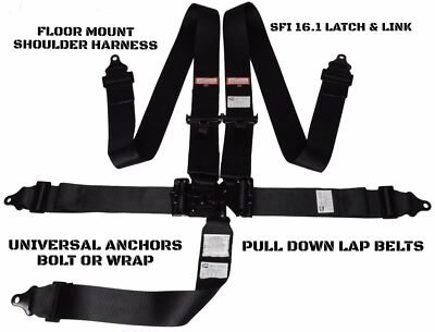 SUPER STOCK RACING HARNESS SFI 16.1 LATCH & LINK FLOOR MOUNTED 5 POINT BLACK