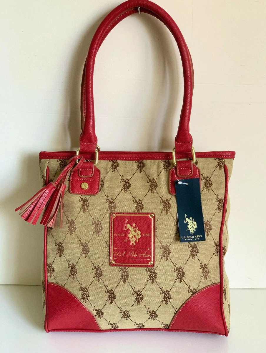 NEW U.S. POLO ASSOCIATION USPA KHAKI BROWN RED SHOPPER TOTE BAG PURSE 79 SALE