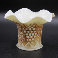 Uranium Custard Glass Ruffled Vase, 3 1/2"h Embossed Grape, Nutmeg Stain, Glows