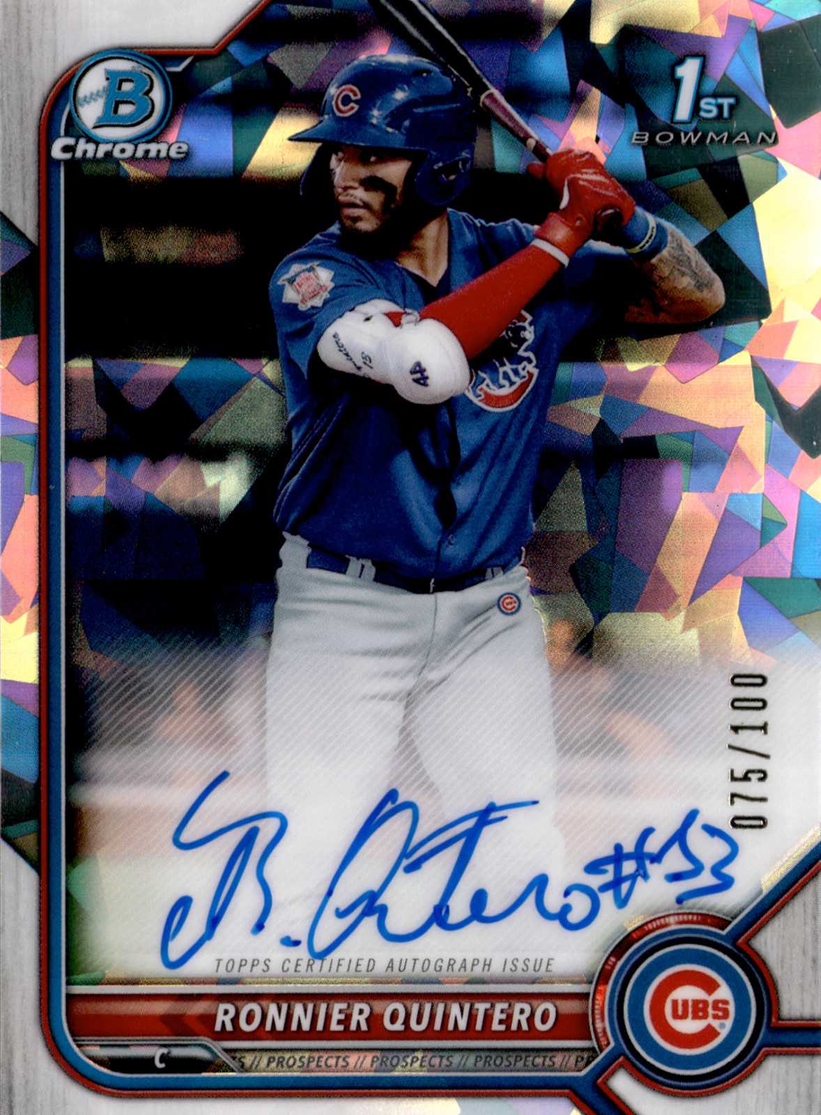 Ronnier Quintero 2022 Bowman Chrome 1st Bowman Atomic Refractor Auto 75/100 Cubs