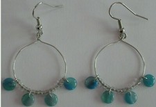 Island Style CLEAR Ocean BLUE Ombre Glass Drop Round Hoop silvertone Earrings