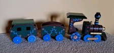 Vintage Wooden Train Set Blue Green Floral Design Rustic Folk Art 3 Piece Set