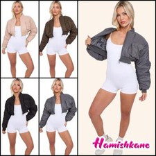 Cropped Bomber Jacket Women Zipper Long Sleeve Ladies Utility Pockets Short Coat