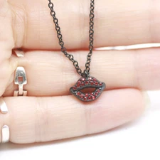 Lip Necklace Black Plated Red Lip Necklace Crystal Charm Necklace by controse
