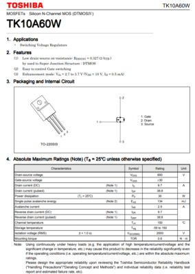 2X TK10A60W K10A60W TOSHIBA N-Ch Power MOSFET 600V 9.7A 380mΩ 30W