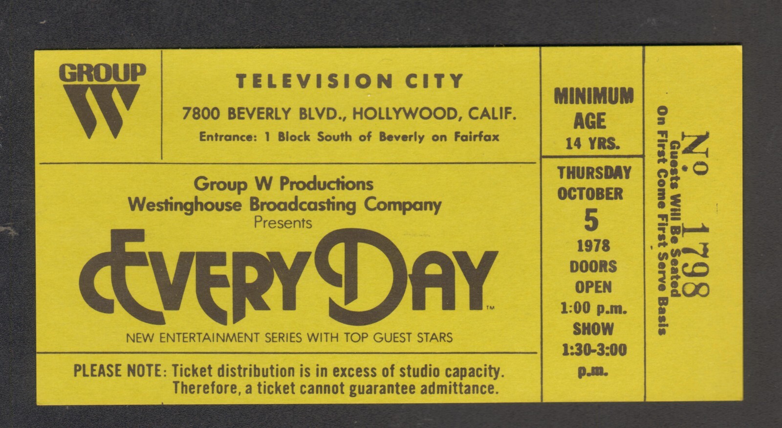 GROUP W TALK SHOW "EVERY DAY" TV STUDIO AUDIENCE TICKET OCTOBER 5 1978
