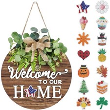 Interchangeable Seasonal Welcome Sign Front Door, Rustic Round Wood Wreaths W...