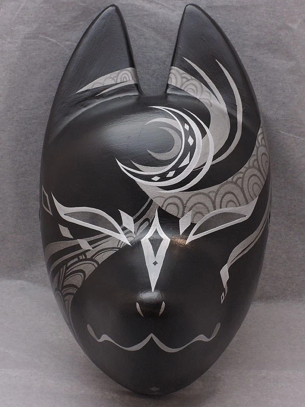 Japanese Ancient Kitsune Fox Mask -Yoiyami- Hand Painted Komendo Black JAPAN New - Image 2 of 4