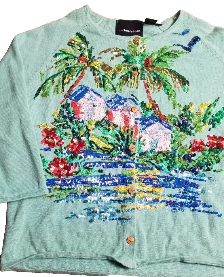 Cárdigan Suéter Vintage Michael Simon Palm Tree Beach Cuentas Lentejuelas 2002 Talla M Foto 4 de 4