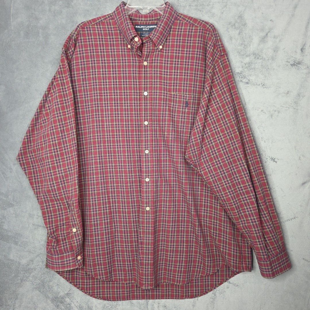 Vintage Tommy Hilfiger Red Plaid Golf Shirt XL 100% Cotton Tilden Casual Dress  