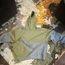 Boys Colorblock Olive Green Gray Hooded Hoodie Pants 2 Piece Outfit Set