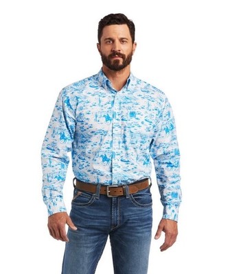 ARIAT MEN'S MARCUS CLASSIC ROPING SCENE  ALL OVER BLUE/ WHITE PRINT SHIRT SIZE L