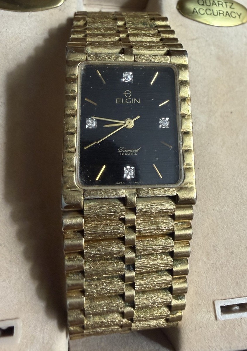 Vtg Elgin FM116-017 Gold Black Dial 4 Diamond Markers Quartz Men's