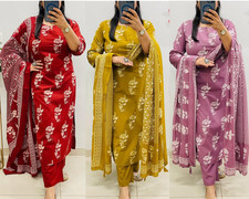 Pure Cotton Straight Kurti Pant Dupatta Set Women's Wedding Wear Salwar Kameez