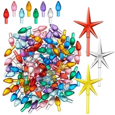 108 Replacement Ceramic Christmas Tree Twist Light Bulbs and 3 Star Toppers