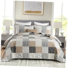 Plaid Quilt - 100 Cotton Comforter Set, Vintage Flower Quilt Queen Brown/Gray