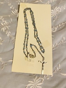 Blue Glass Bead Rosary Necklace with Silver-Tone Metal Crucifix