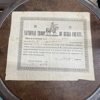 1849 Certificato Milizia Pennsylvania originale Truppa Nazionale Contea di Berks