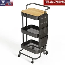 3 Tier Metal Rolling Cart W/Table Top & Side Storage Bag Multifunction Organizer