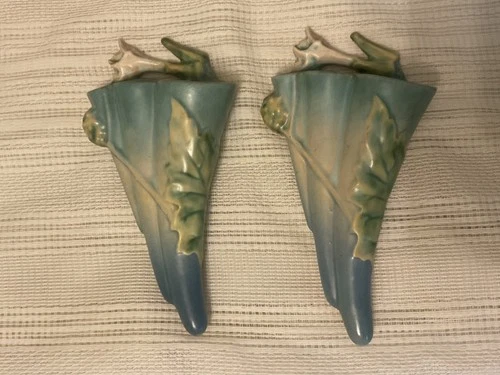 Pair Roseville Wall Pockets Blue 9” minor repair