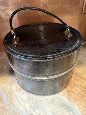 Vintage 1950  s Black Faux Leather Round Hat Box Art Deco Floral Interior