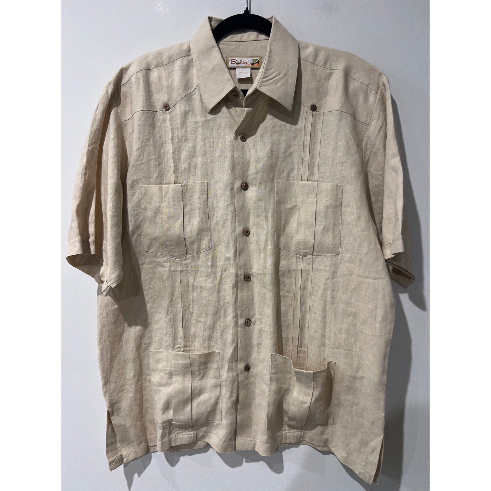 Bahia by JMP Mens 100% Linen Guayabera Shirt Beige Short Sleeve Four Pocket L