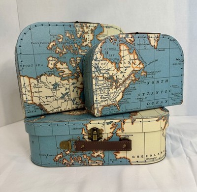 World Map Suitcases Set of 3 Decorative Storage Boxes Travel Trunk Vintage Style