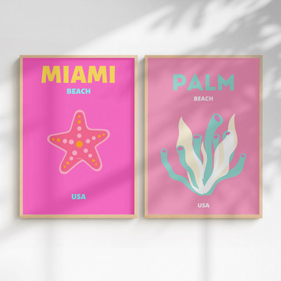 Miami & Palm Beach Coastal 2er Set | Florida Beach Wandbild Trendy Preppy