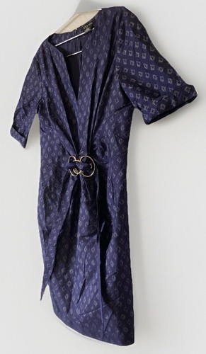 Etcetera 100 % Seide Kleid Größe 12 dunkelblau Gürtel Midi V-Ausschnitt geometrisches Muster - Bild 4 von 14
