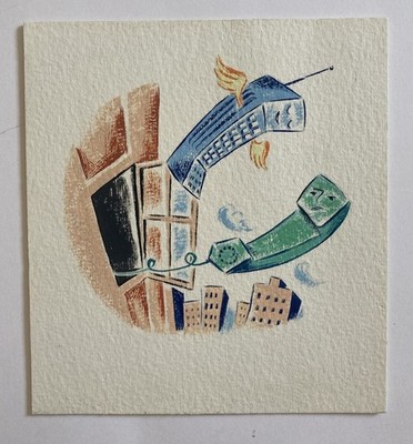 Vintage Gouache Gemälde Illustration Mid Century Stil Handys 90er klein