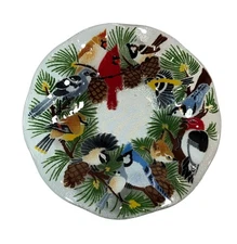Peggy Karr Fused Glass Decorative Serving Bowl 10.5" Birds Pine Holiday Winter