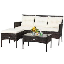 Patiojoy 3-Seat Sofa Cushioned Table 3PCS Patio Rattan Furniture Set  Garden