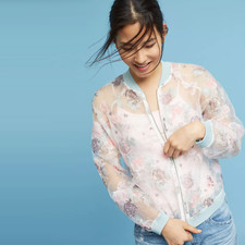 Anthropologie Maeve Women's Jacket Sheer Floral Bomber Coat Medium M Pink Purple