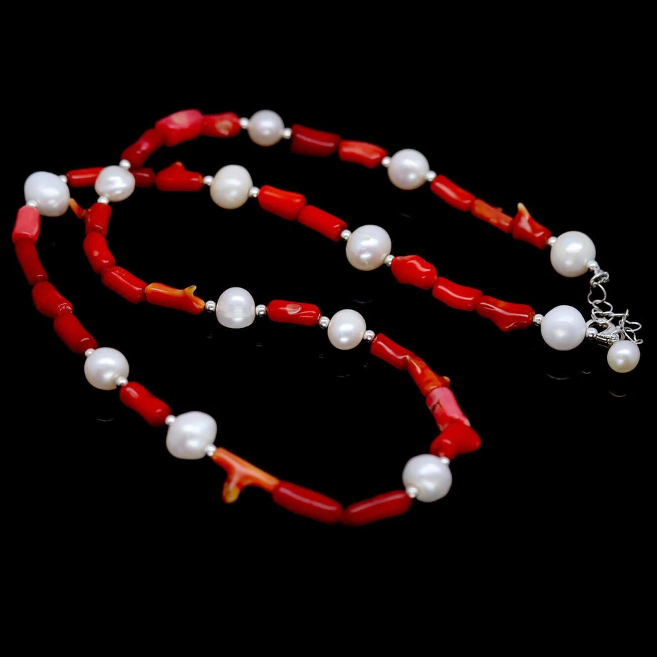 Gemstone White Baroque Pearl & Orange Coral Necklace 22" 925 Sterling Silver - Image 2 of 4