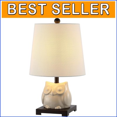 Charming 16'' Ceramic Owl Table Lamp - Antique White with Energy-Saving LED