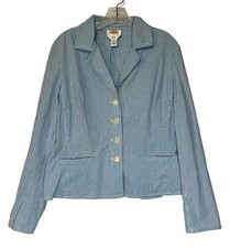 Talbots Womens Cropped Seersucker Jacket Plus Size Blue Striped Blazer Size 14