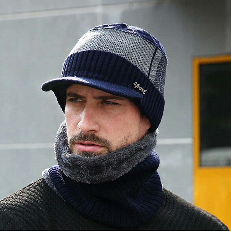 Mens Winter Warm Peaked Beanie Hat Fleece Lined Outdoor Ski Cap with