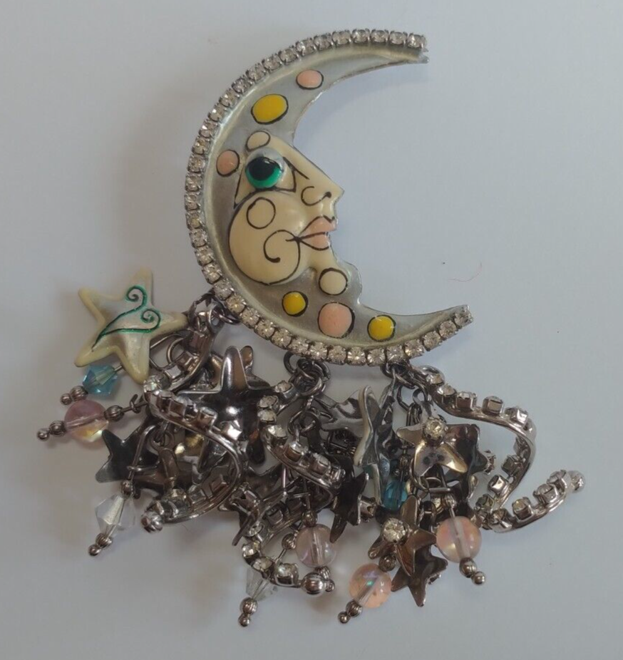 LUNCH AT THE RITZ ENAMEL RHINESTONE CRESCENT DANGLE MOON AND STARS