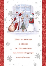 Santa and Snowman on Windowsill Designer Greetings Christmas Card
