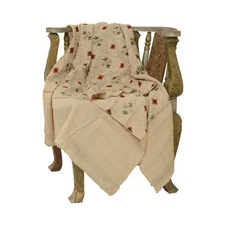 Sanskriti Vintage Pure Woollen Ivory Shawl Handmade Kantha Long Throw Stole