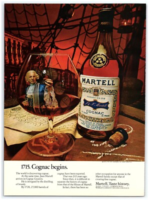 1973 J&F Martell Print Ad, 1715 Cognac Begins Jean Martell Brandy on Boat Ship