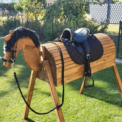 Holzpferd Voltigierpferd Holzpony Pferd Pony Mähne +Sattel in Schwarz gestrichen